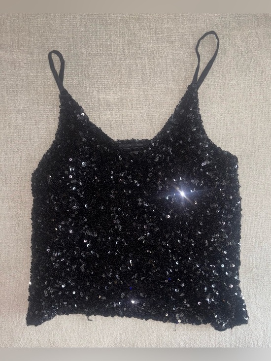 On Twelfth Tops - Y2K Black Sequin Crop Tank Top ✨ Sparkly Party Club Cami Size M Ontwelfth